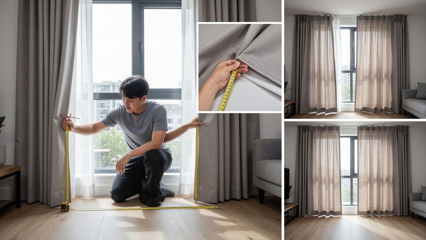 訂製窗簾裝歪怎麼辦?驗收自檢與修法全指南 Photorealistic image of one person in a modern living room kneeling to measure left curtain hem to floor with tape measure, right hem nearby; inset close-up of fabric edge straightness; third view of closed curtains showing uneven light gaps.