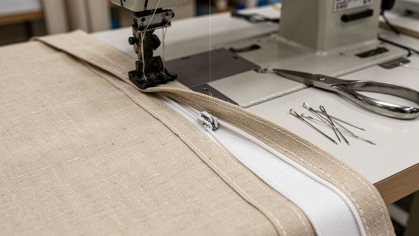 Close-up detail of curtain fabrication showing machine-sewn straight edges contrasted with handmade zipper tracks on fabric spread across a workbench, surrounded by sewing tools in a bright professional studio.
