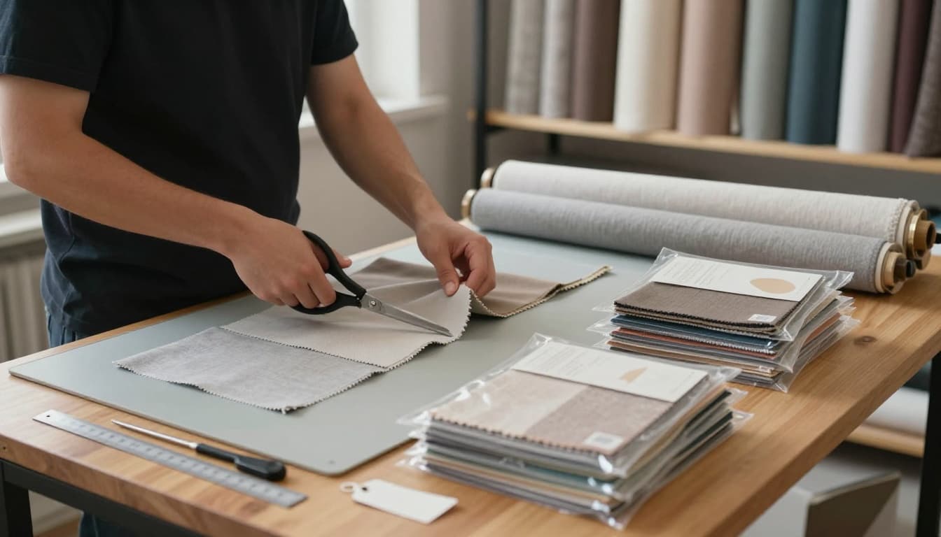 A professional curtain shop worker in a tidy workshop carefully cuts small fabric swatches from large rolls of various curtain fabrics using sharp scissors on a clean cutting mat, surrounded by neatly packaged samples and tools.