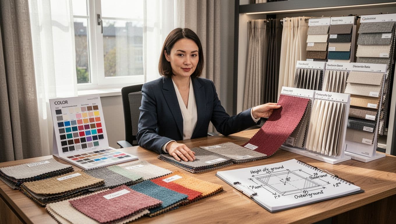訂製窗簾丈量含不含?合約要寫清楚哪些條款 In a bright modern curtain showroom office, a female sales consultant in professional attire sits at a wooden desk covered with colorful fabric swatches, color code chart, pleated curtain samples, and notepad sketches, pointing relaxed to a swatch under warm natural light.