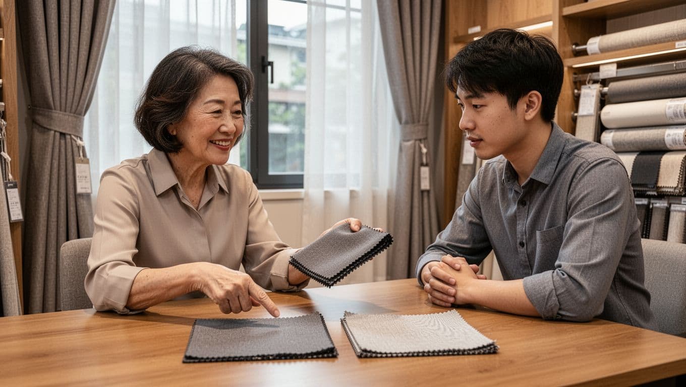 Middle-aged female clerk smilingly points to two blackout fabric samples on a table, explaining differences to a focused young male customer in a warmly lit curtain store interior.