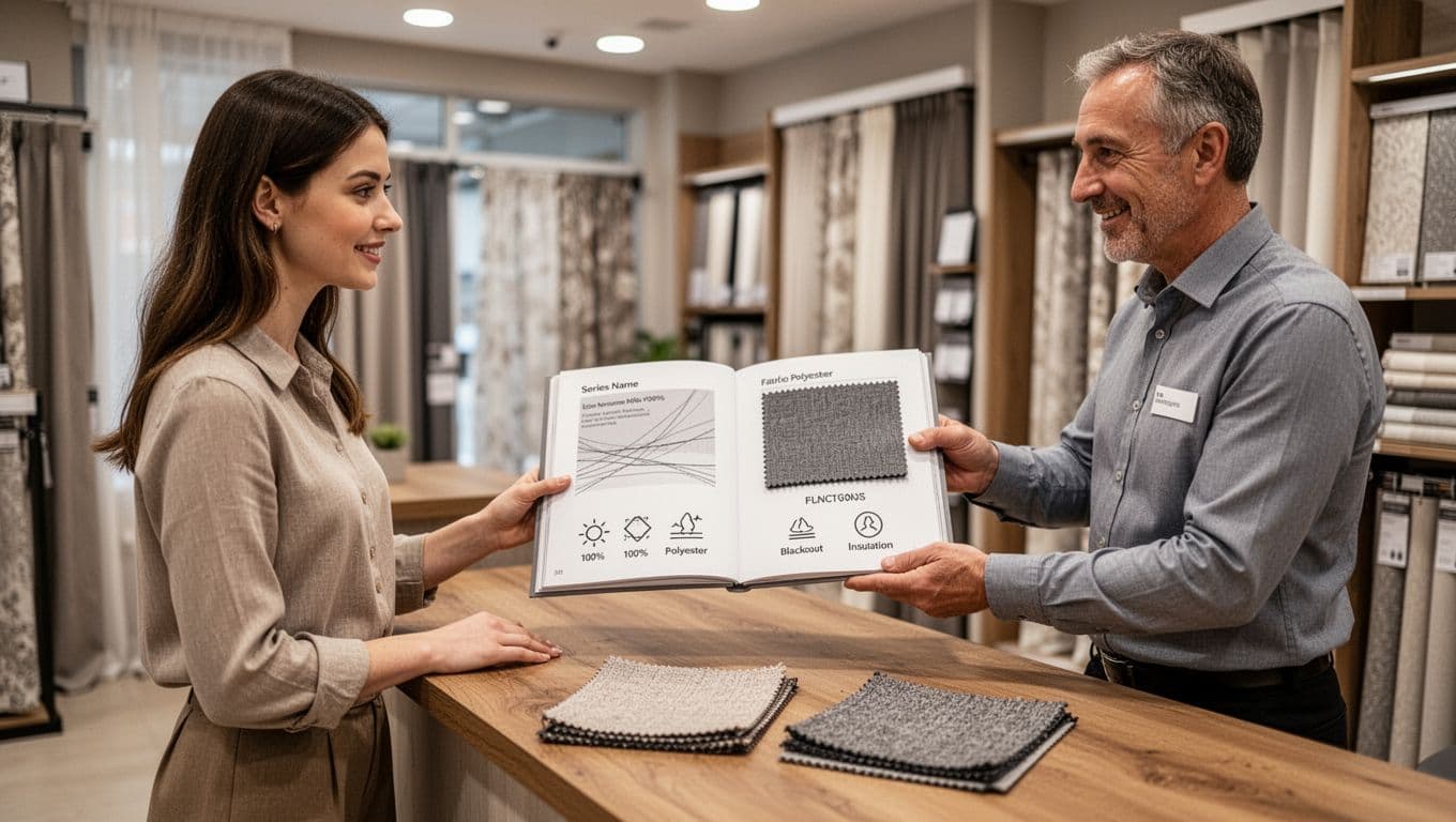 In a well-lit custom curtain store, a young female customer politely asks a middle-aged male clerk for a fabric catalog at the wooden counter, as he hands her an open booklet showing fabric sample details and two textured swatches lie nearby.