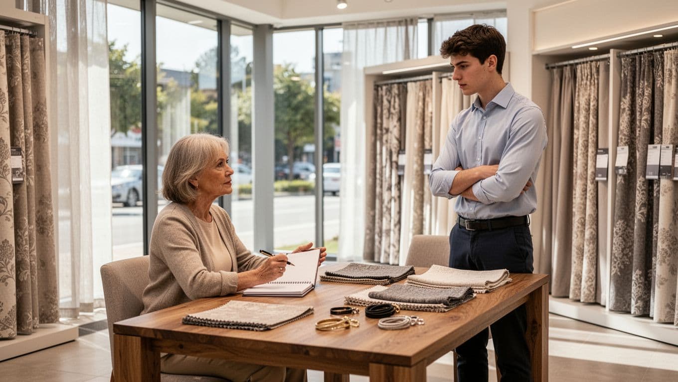 In a bright modern curtain store showroom with natural daylight, a middle-aged female customer sits relaxed at a wooden consultation table holding a notebook and pen, discussing fabric swatches with a young male store clerk standing nearby.