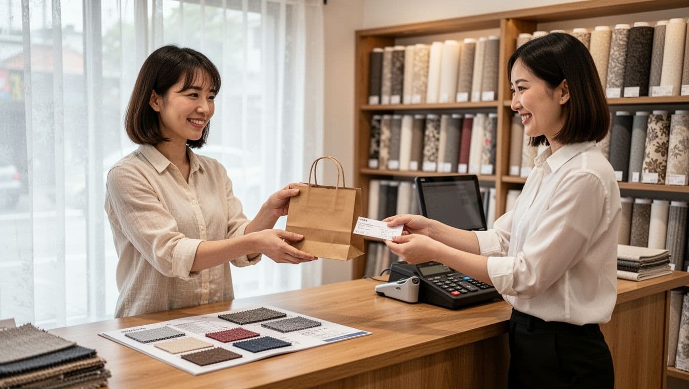 A customer receives a small paper bag containing a fabric sample and a receipt from a smiling clerk at the bright curtain store counter, with fabric sample catalog, calculator on counter, and neatly arranged fabric rolls in the naturally lit background, warm comfortable atmosphere.