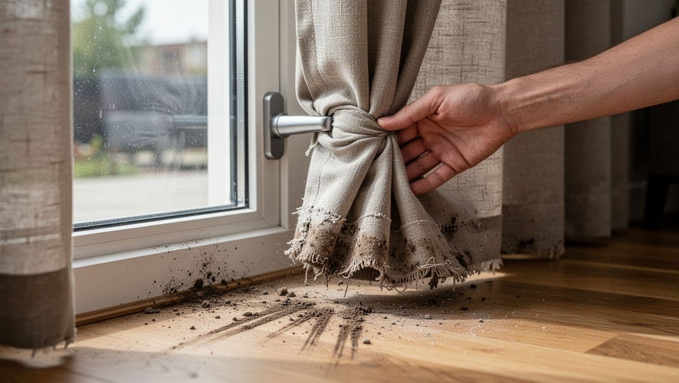 Photorealistic close-up of a living room window showing poorly fitted curtains caught and bunched on a protruding window handle, with frayed bottom edge dragging across a dusty wooden floor featuring dirt streaks. A single relaxed hand with two fingers gently tugs the jammed curtain amid natural daylight and detailed fabric wear.