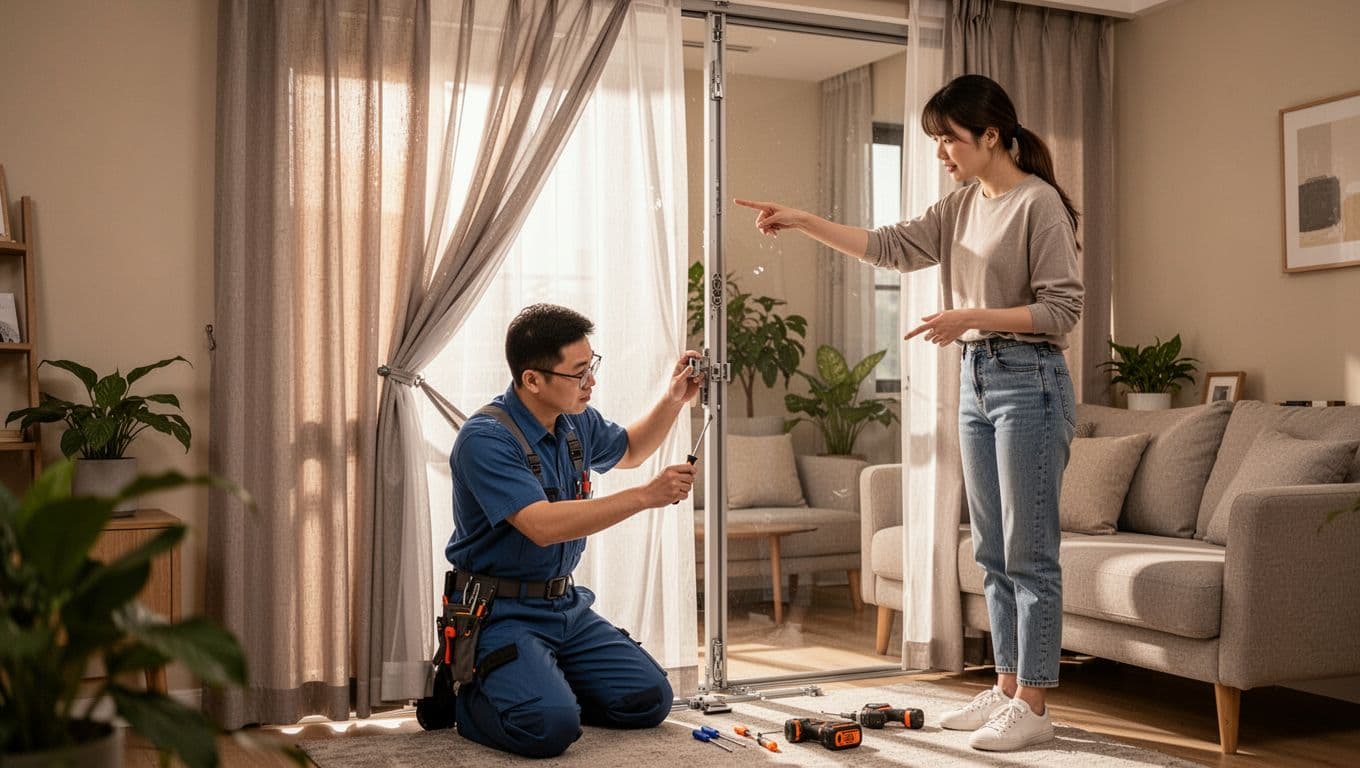 Realistic photo of a curtain service technician in a modern Taiwanese apartment living room, kneeling to adjust tracks and add sheer layers while the homeowner points to light leakage gaps. Natural afternoon light highlights subtle problems like color shifts, glare, and uneven movement on neutral curtains against beige walls.