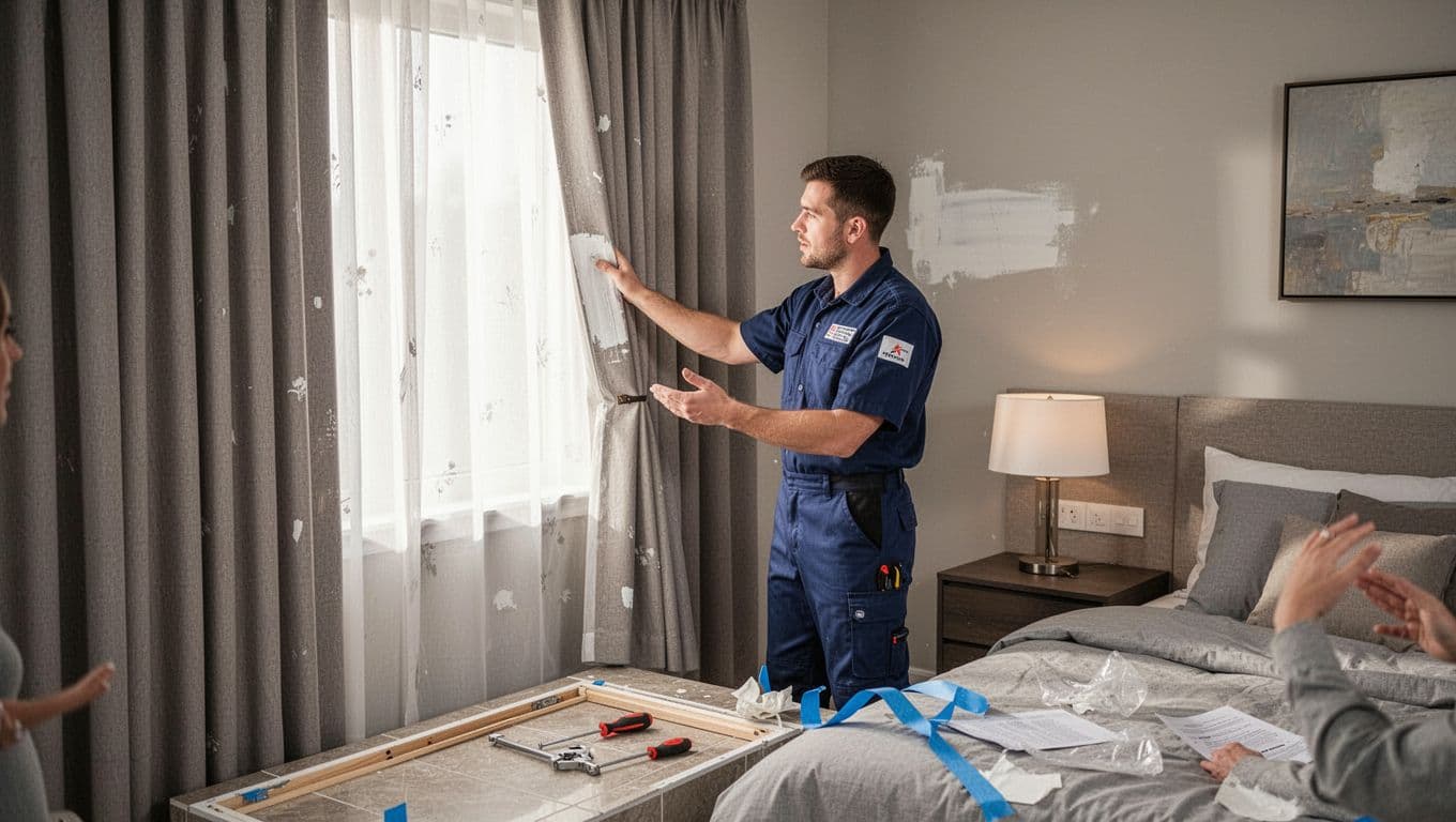 訂製窗簾丈量含不含?合約要寫清楚哪些條款 In a newly renovated bedroom bathed in soft morning light, a uniformed curtain technician examines a completed custom curtain installation against a wall, noting minor paint touch-up needs with tools nearby and protection tape being removed.
