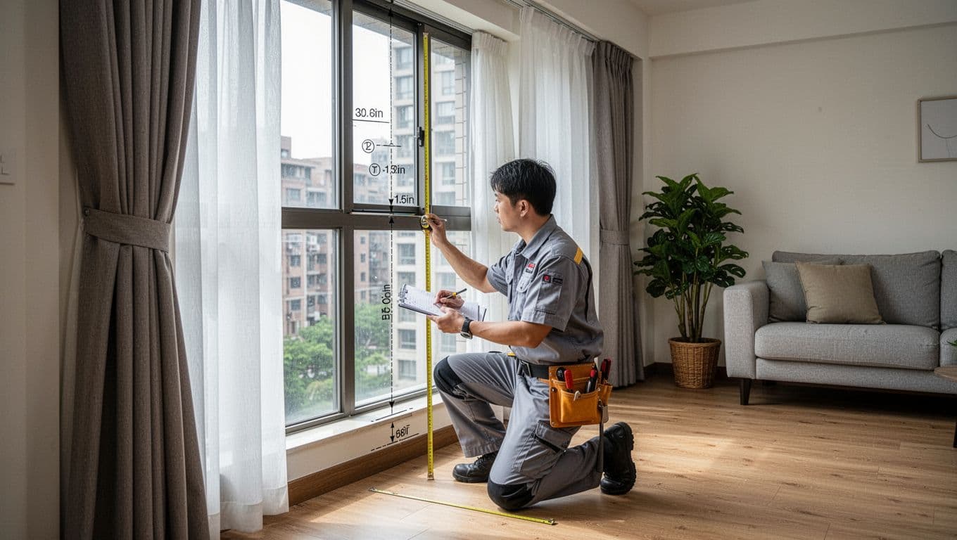訂製窗簾加價項目表:常見4大類一次清單掌握 A professional curtain technician kneels by a large living room window in a modern Taiwanese apartment, using a tape measure to assess window shape, wall material, opening direction, and curtain box space while marking measurements on a notepad. The cozy interior features natural daylight, wooden floors, sofa, and potted plants with high-detail realistic photography.
