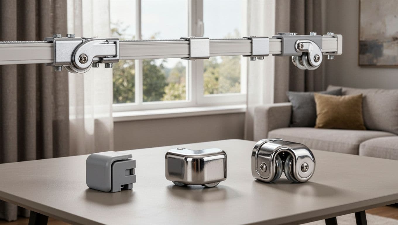Photorealistic image of curtain track accessories including snug-fitting end caps, smooth flat joints, and curved corner connectors, shown separately on a table in a modern living room under soft natural light.
