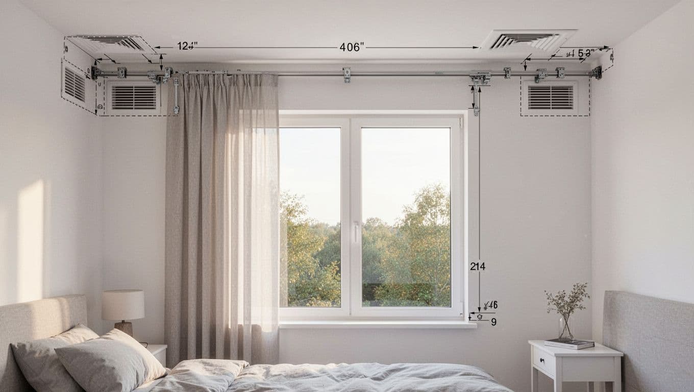 訂製窗簾不想花冤枉錢,報價前要先準備什麼 A detailed realistic view of curtain track installation on the ceiling above a bedroom window, featuring careful positioning with space for heat vents, precise hardware alignment, natural morning light, and an unobstructed outdoor view.