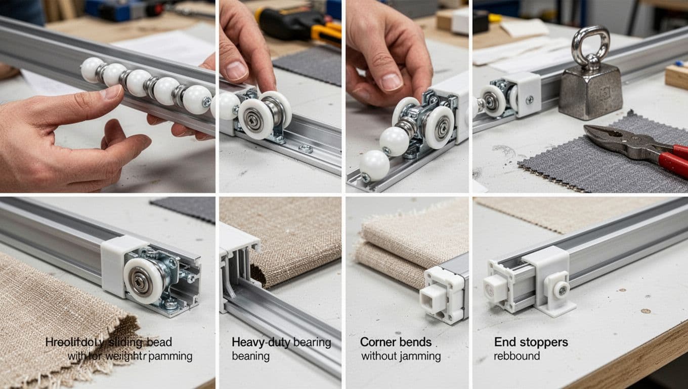 Close-up views of premium curtain tracks in a workshop, highlighting smooth sliding beads on aluminum rails, quiet roller mechanisms, heavy-duty bearings, jam-free corner bends, end stoppers, and rebound features on a clean workbench.
