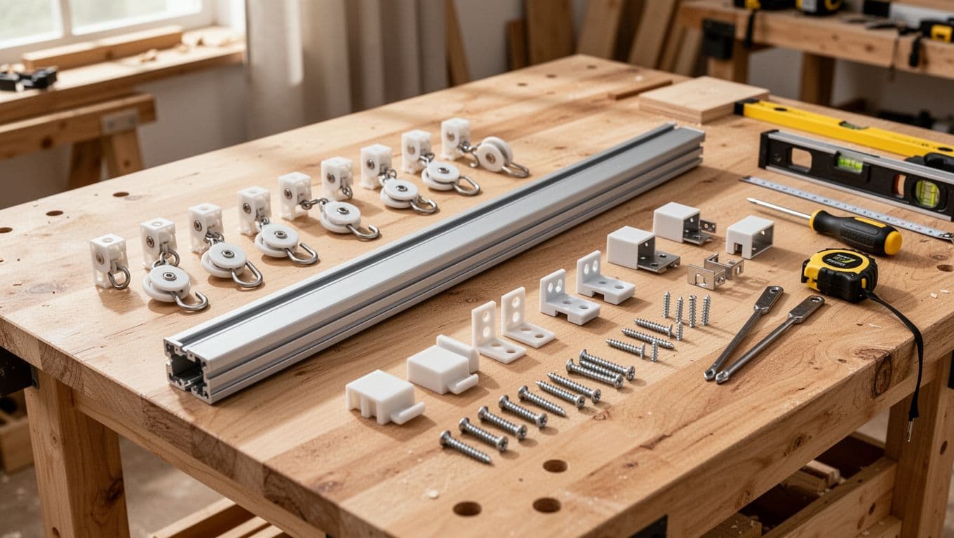 窗簾只換軌道不換布可以嗎?費用優缺點與限制全解析 A detailed breakdown of curtain track components laid out neatly on a clean wooden workbench in a bright workshop, featuring the main aluminum alloy track, plastic sliders, pulleys with hooks, end caps, brackets, screws, and installation tools like screwdriver, level, and measuring tape.