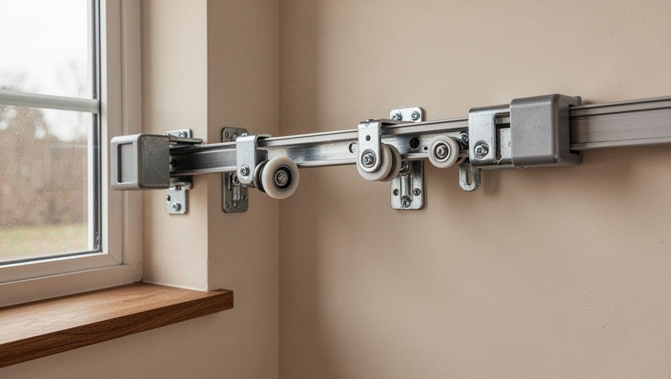 訂製窗簾想控制預算,先決定這 3 件事 Close-up of sturdy metal curtain track with safety wall brackets, reinforced end caps, and roller mechanisms on a beige wall near a window in a minimalist room.