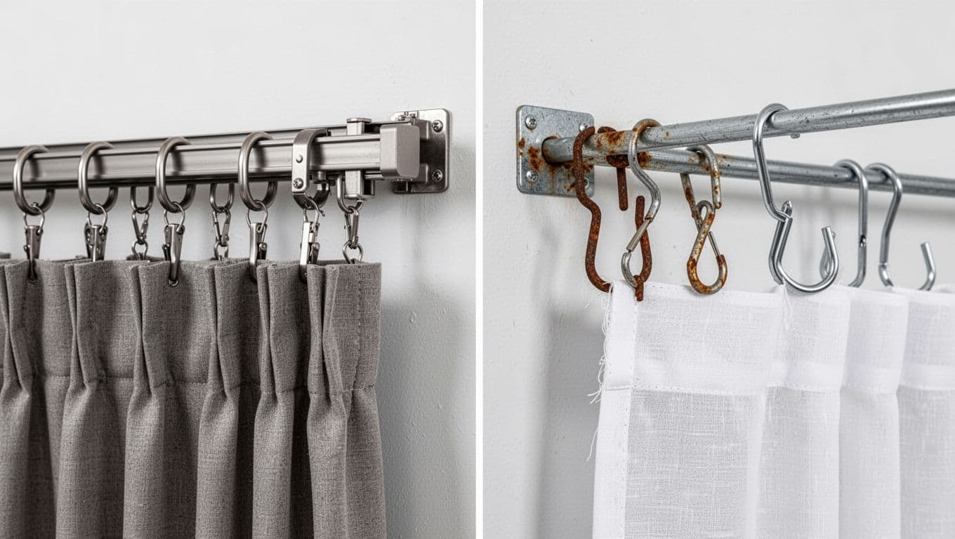 Close-up side-by-side comparison of a high-quality sturdy metal curtain track with secure hooks holding heavy fabric firmly, versus a cheap flimsy rusty track with loose slipping hooks on a plain white workshop wall.