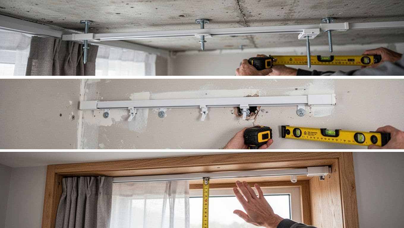 Realistic photo collage in three panels showing curtain track installations: ceiling mount with concrete anchors, wall mount on drywall using toggle bolts avoiding hollow spots, and inside curtain box on wooden frame. Modern bedroom or living room with natural daylight, tools like measuring tape and level nearby, one hand partially obscured resting on tool.