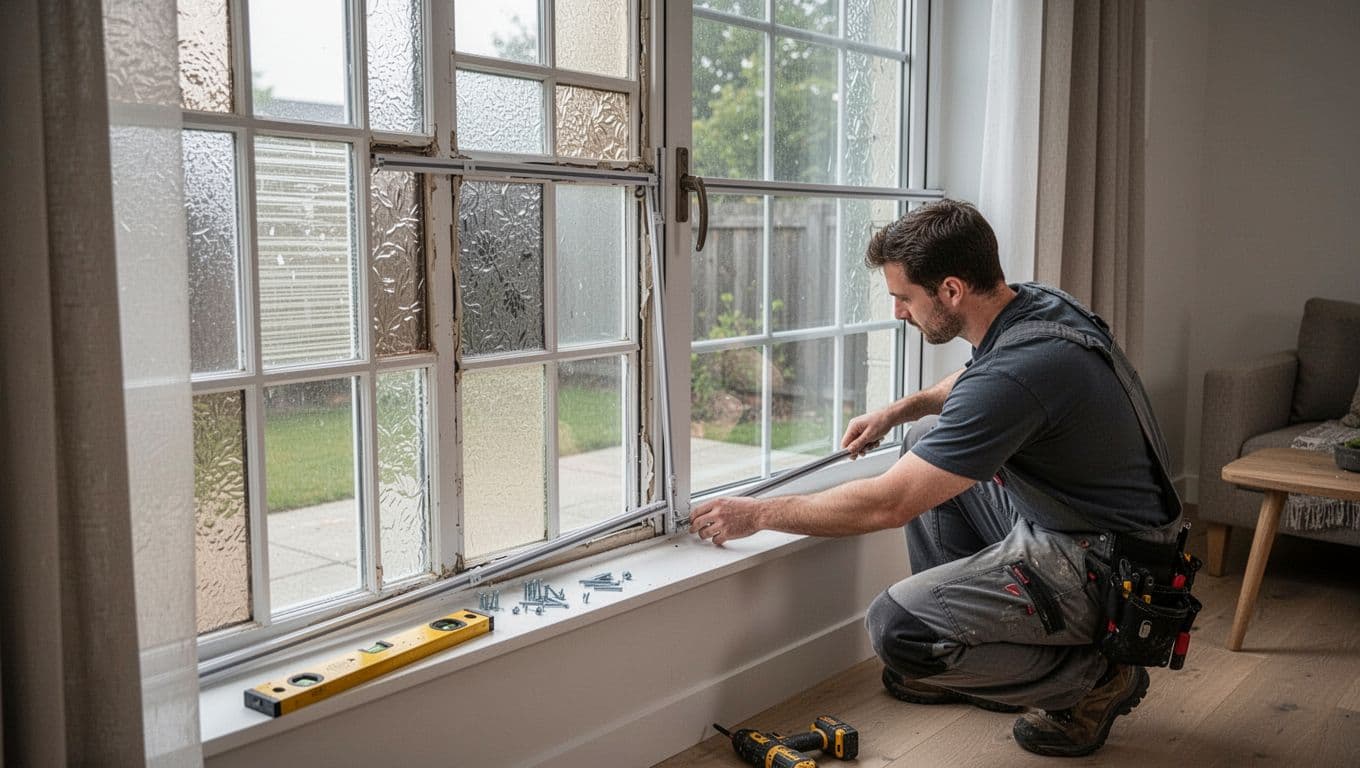 窗簾安裝難度影響報價?這些窗型最常加價 In a modern home, one worker crouches to connect curtain tracks across irregular seams between multi-grid patchwork windows and a sliding glass door frame. Tools rest on the sill under neutral daylight, focusing on precise alignment without misalignment.