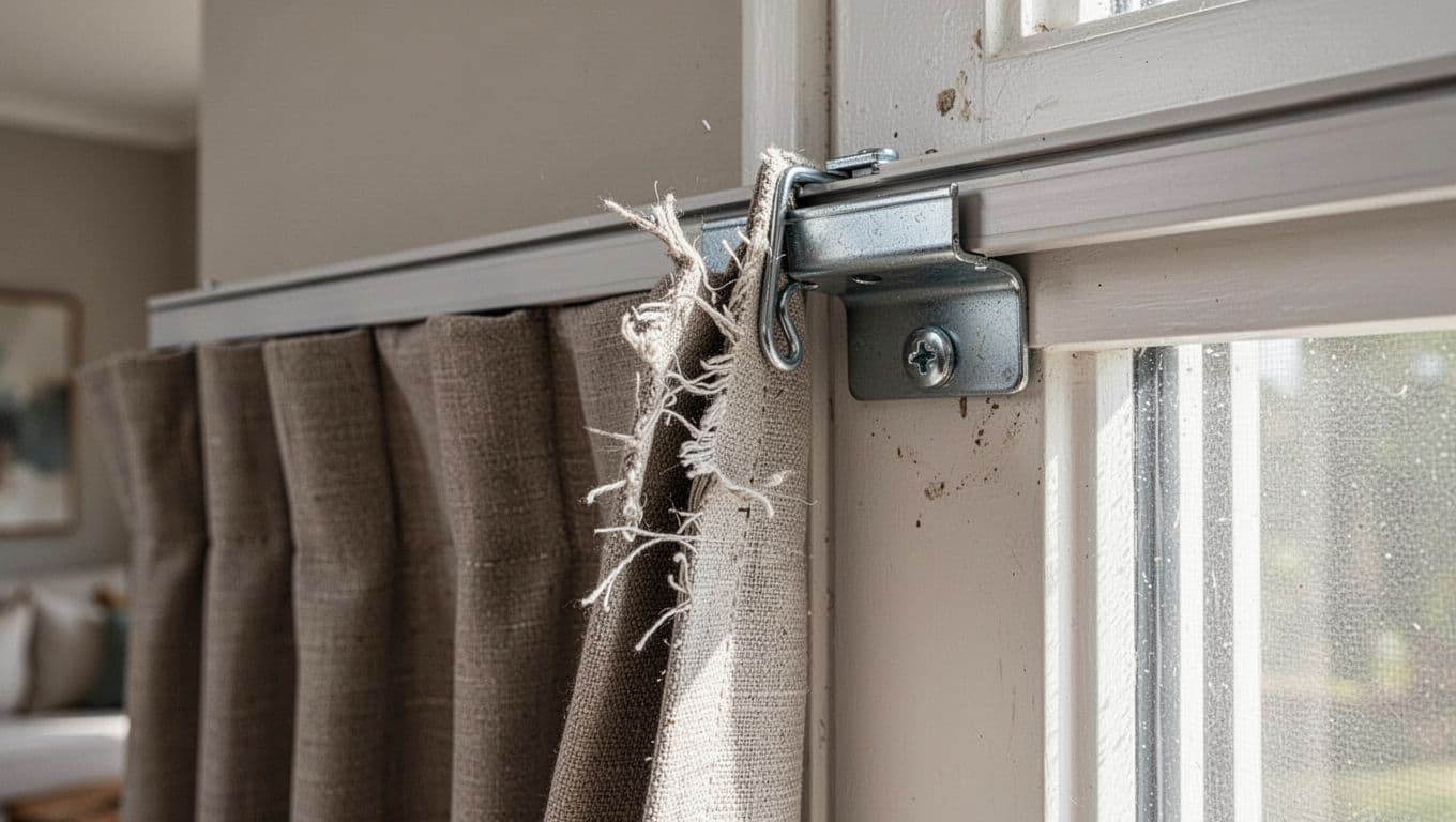 Detailed realistic photo of a curtain track joint seam with uneven metal edges and burrs catching and tearing the edge of curtain fabric, in an indoor living room window setting with soft daylight.