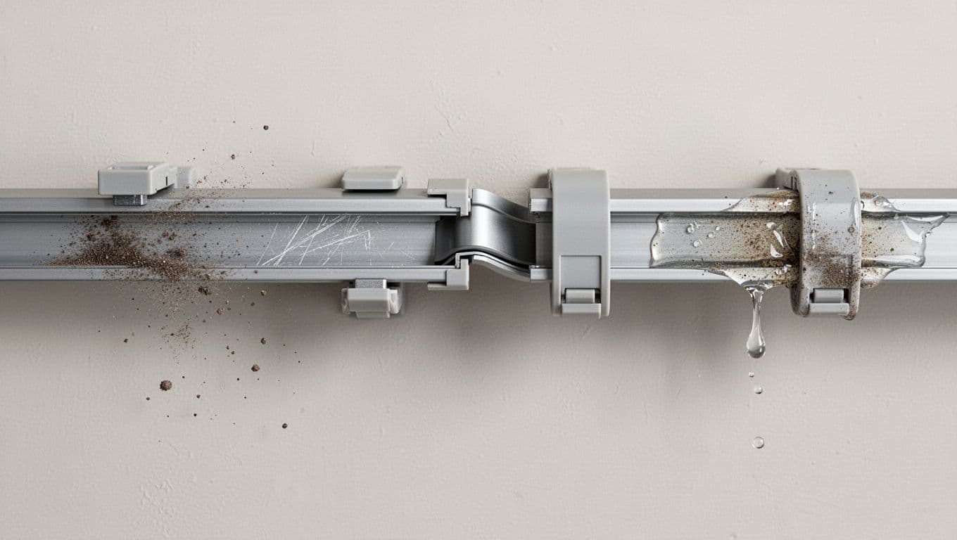 訂製窗簾軌道不好拉怎麼辦?5大常見原因與簡單解法 Photorealistic illustration of a horizontal curtain track highlighting common problems: dust and scratches on the left, bend or misalignment in the middle, and uneven lubrication on the right, with sliders at issue spots in a clean indoor setting.