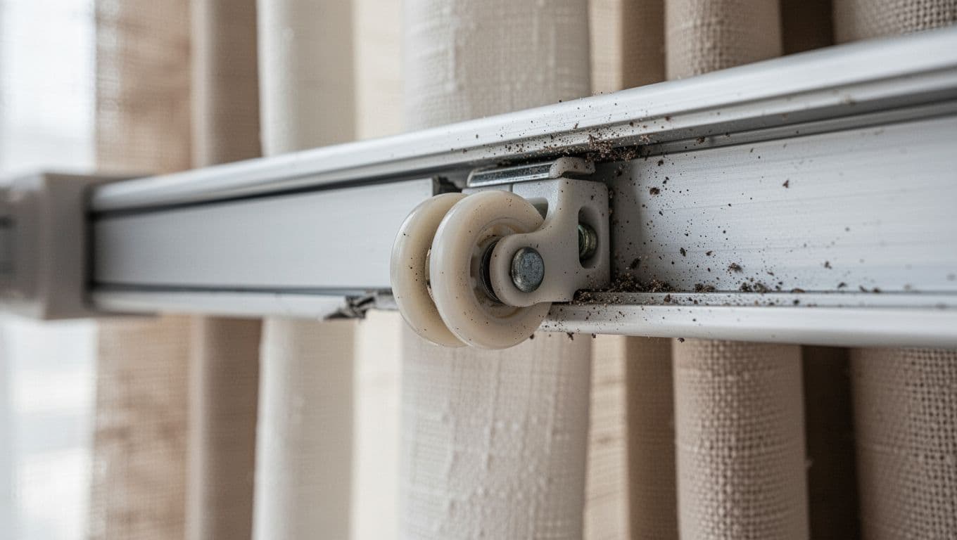 A realistic close-up of a cheap plastic pulley jammed against the inner wall of a thin, deformed aluminum curtain track, featuring slight burrs, dust accumulation, and focused contact point with blurred curtain fabric in the background under natural indoor light.