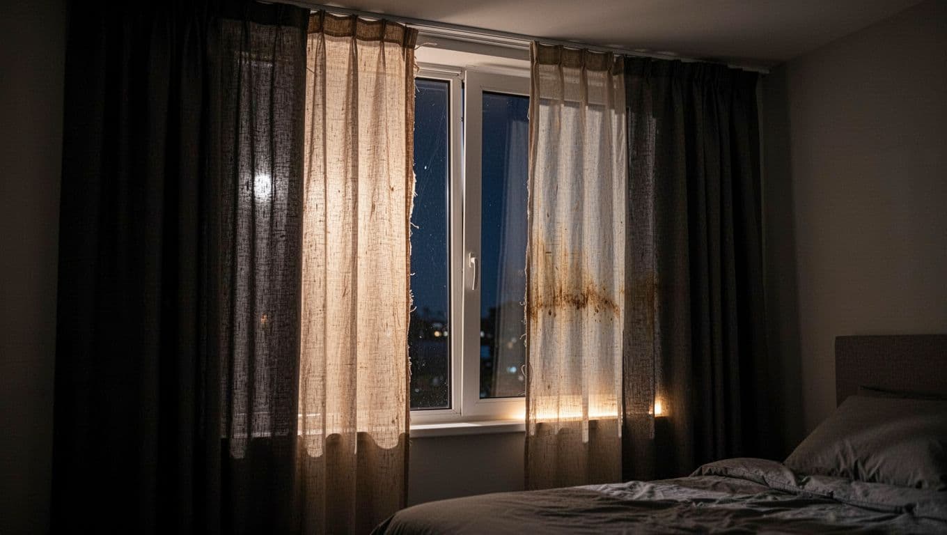 Close-up of a curtained window highlighting common issues: sunlight leaking through edge gaps, crooked track causing side leaks, and faded thin fabric allowing light penetration, viewed at night with indoor lights emphasizing the flaws in a modern bedroom setting.