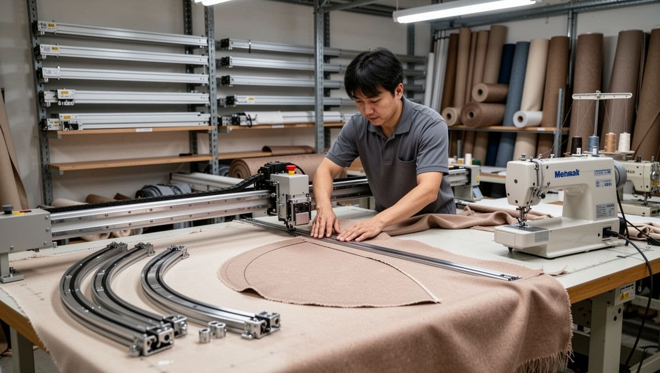 特殊窗型訂製窗簾會貴多少?轉角窗、弧形窗費用解析 A skilled technician in a curtain workshop uses a computer-controlled cutting machine to precisely cut soft earth-tone fabric into curved shapes, surrounded by sewing machines, curved track parts, and neatly organized shelves.