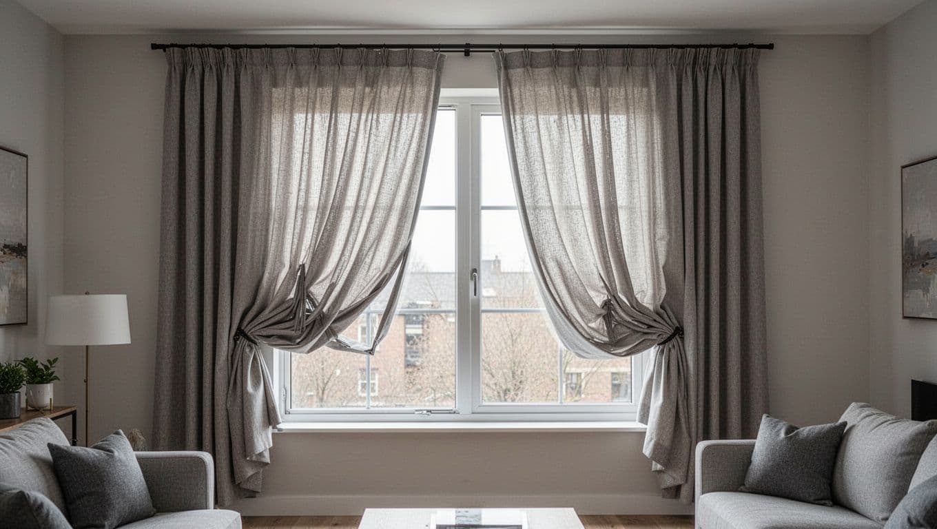 訂製窗簾高級感滿分:預算分配黃金比例 Photorealistic image of custom curtains with inaccurate sizing on a living room window: too short above the sill, one side longer, crooked installation, visible track misalignment, gaps, and uneven drape under soft indoor lighting in a modern home.