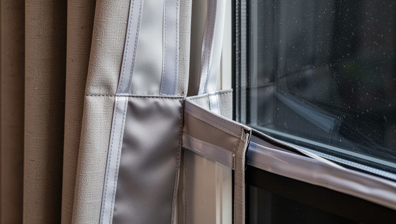 訂製窗簾一定要花錢的3大地方:布料、五金、安裝全解析 Close-up detail of professionally installed custom window curtains showing side sealing strips, top sealing, blackout lining, and edge wrapping for neat finish with fabric edges tightly fitted to window frame reducing light gaps.
