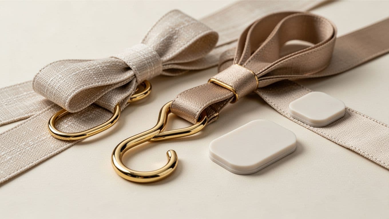 訂製窗簾高級感滿分:預算分配黃金比例 Close-up of custom curtain accessories including metal hooks, elegant ties, and smooth washers arranged on a light background, showcasing high-quality metallic sheen, intricate details, natural curves, soft weaves, and flat surfaces in a realistic product photography style with soft lighting.