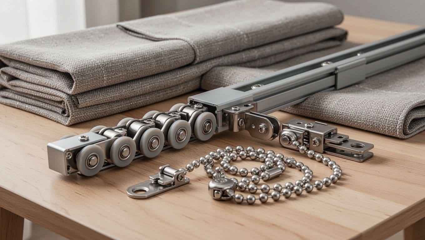 Detailed realistic close-up of custom curtain parts on a light wooden table, including metal ceiling track with smooth-gliding wheels, coiled beaded chain pull cord, locking mechanisms, and folded thick fabric panel under soft natural lighting.