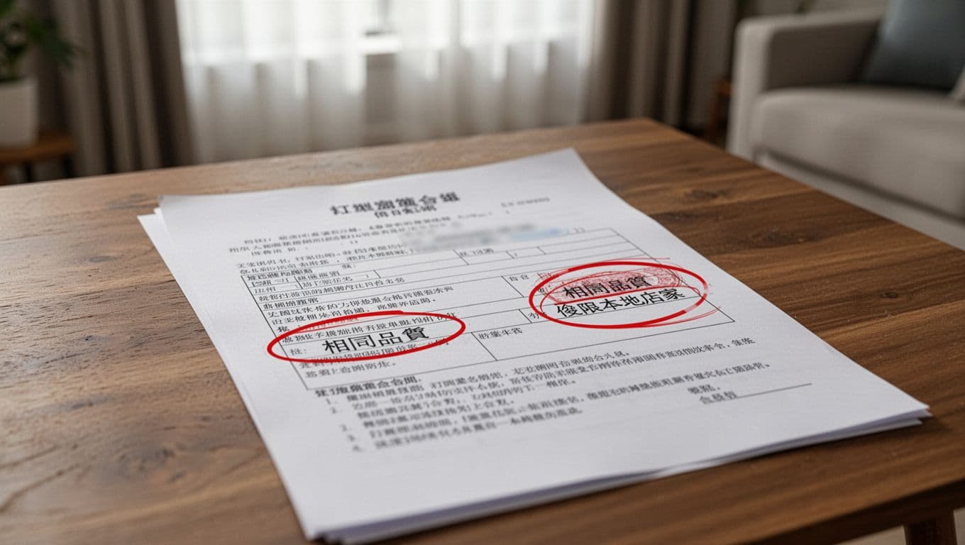 訂製窗簾最低價保證真假怎麼判斷?3步驟避開陷阱 A detailed close-up of a custom window curtain contract on a wooden table, featuring blurred clauses like 'same quality' and 'local stores only' marked with red circles. Soft natural lighting illuminates the realistic paper texture against a blurred cozy living room curtain background.