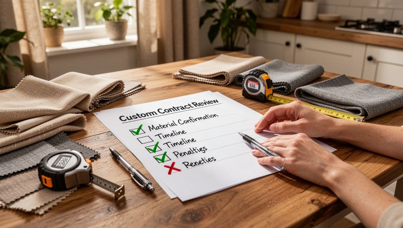 訂製窗簾合約要寫什麼?尺寸材質時間全條款,避免爭議 Photorealistic image of a printed checklist for custom curtain contract review on a wooden table in a bright kitchen, featuring checked items with green ticks and one red cross, surrounded by beige and gray fabric swatches, tape measure, pen, and a relaxed hand.