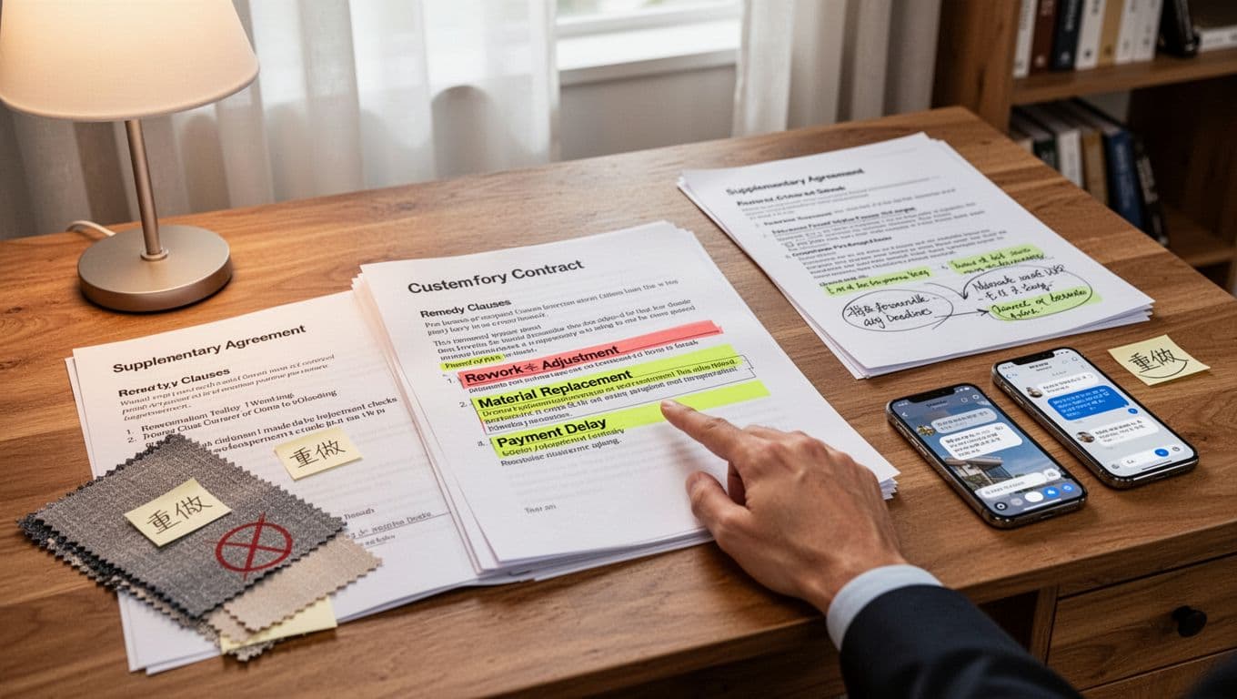 Realistic image of a wooden home desk in a bright study room under soft lamp light, showing an open custom curtain contract with highlighted remedy clauses for rework, adjustments, material replacement, and payment delays. A single hand points relaxed to the contract, surrounded by a supplementary agreement draft, fabric swatch with issue mark, and phone message thread in an organized, reassuring negotiation prep atmosphere.