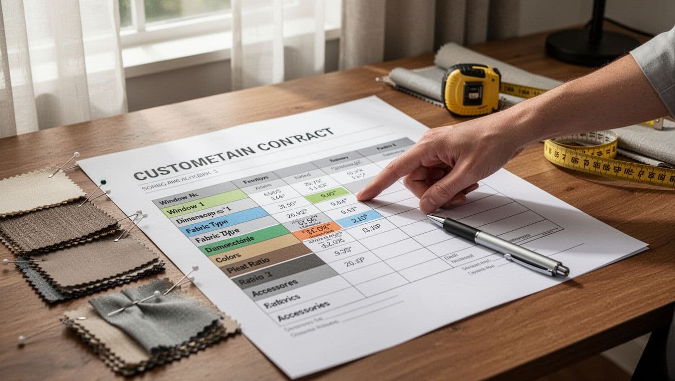 A close-up view of a detailed custom curtain contract document on a wooden desk in a bright home office, with highlighted sections for specifications including window numbers, dimensions, fabric types, colors, pleat ratios, and accessories. Fabric swatches, measuring tape, pen, and one hand pointing to the specs, under soft natural light.