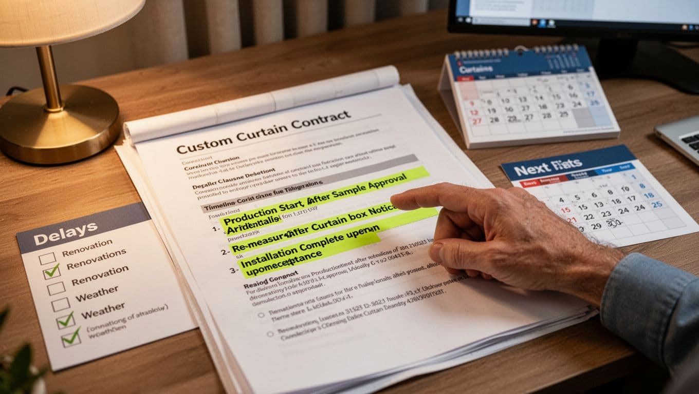 訂製窗簾丈量含不含?合約要寫清楚哪些條款 Close-up realistic view of an open custom curtain contract on a home office desk, highlighting key timeline sections like production start, re-measure, and installation, with a relaxed homeowner's hand pointing to clauses, calendar icons, delay checklist, and warm lamp lighting.