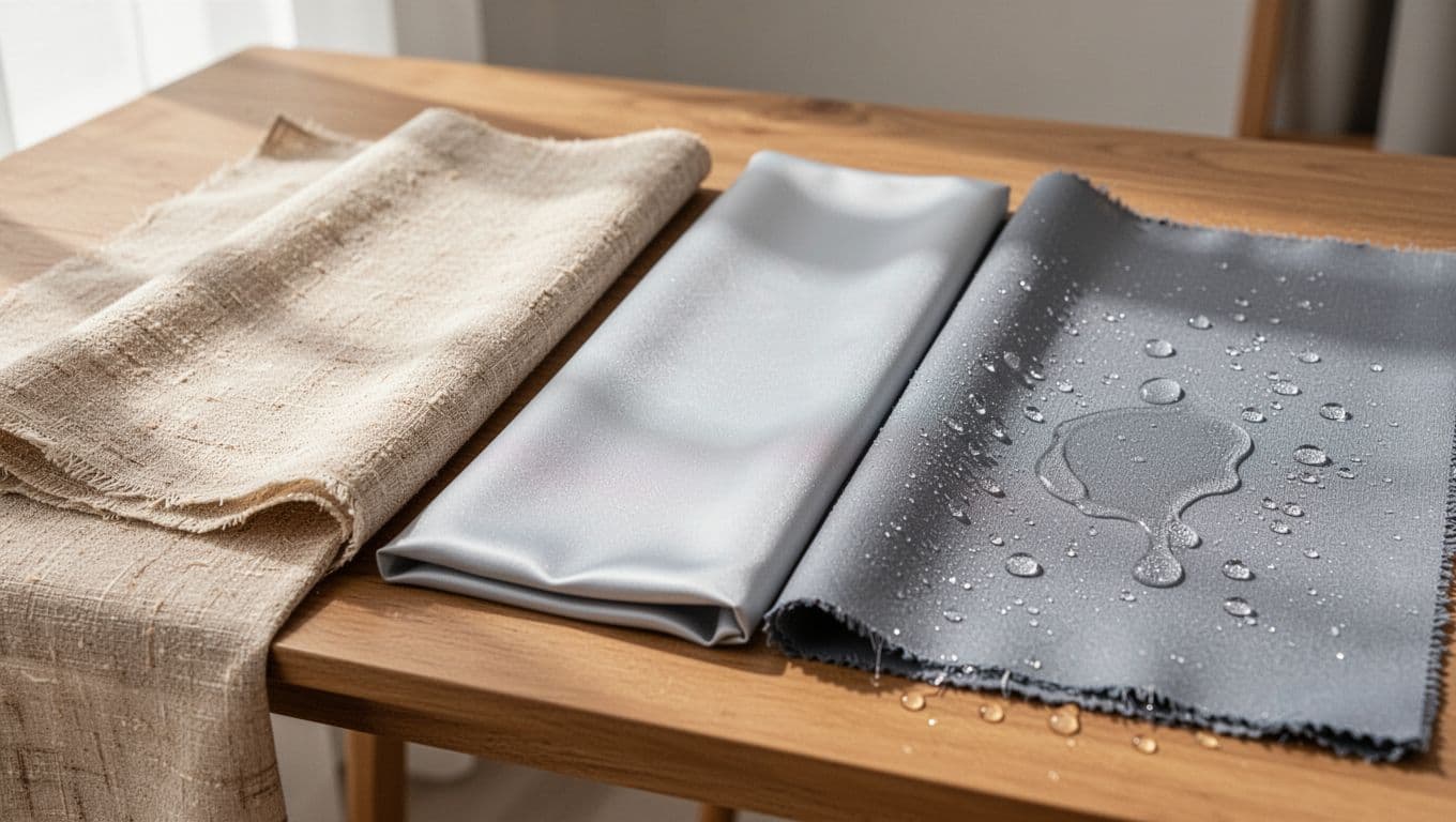Three custom curtain fabric samples—soft cotton-linen, smooth polyester, and water-repellent—are laid out on a wooden table in a bright studio for comparison, showcasing detailed textures, shine, and water beads rolling off.