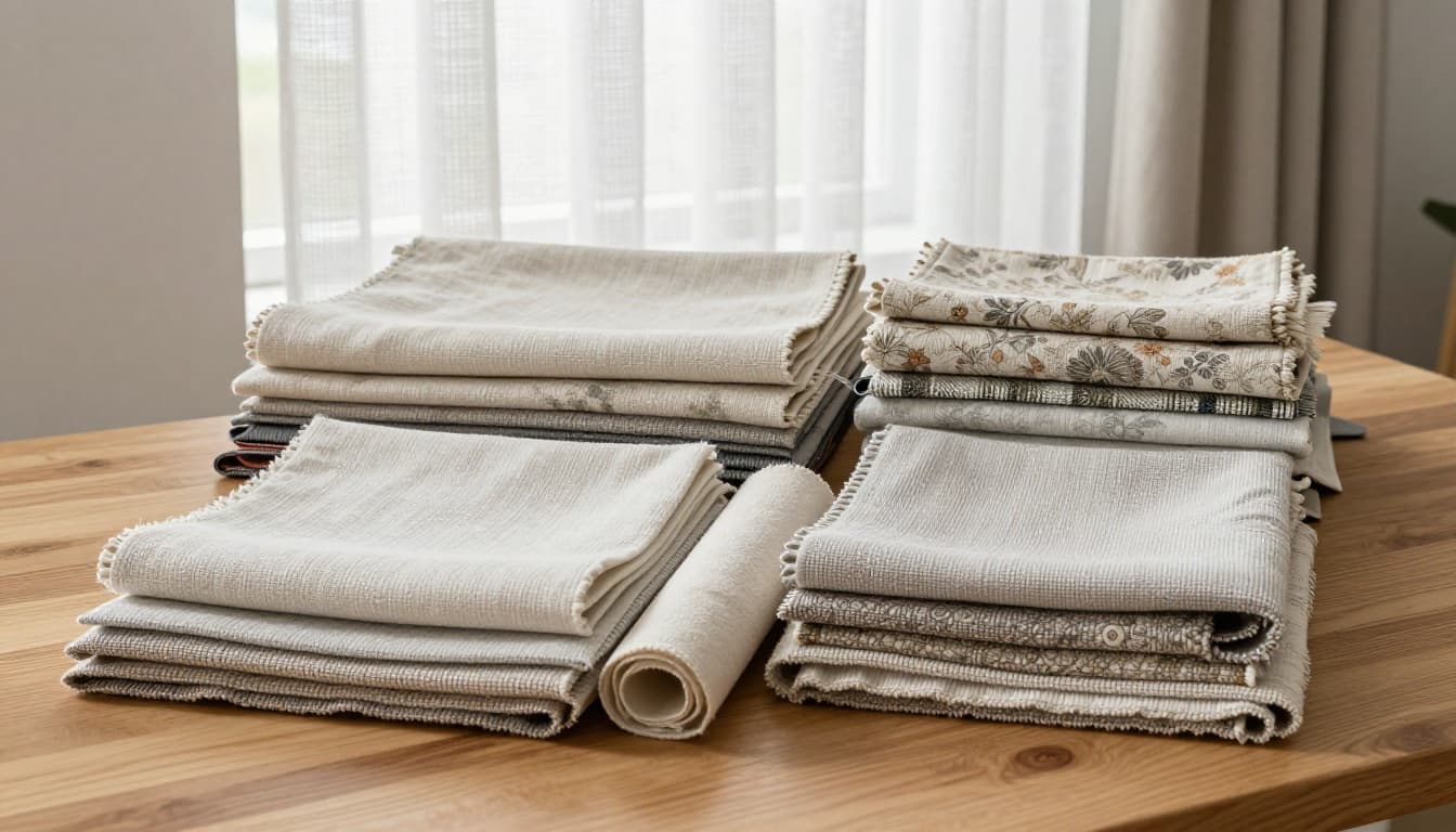 Various custom window curtain fabric samples, including thick blackout cloth, light breathable gauze, and patterned cotton, displayed folded or unfolded on a wooden table to highlight textures and thicknesses. Soft indoor lighting illuminates details against a clean background of light walls and windows, in realistic product photography style with high detail and even bright light.