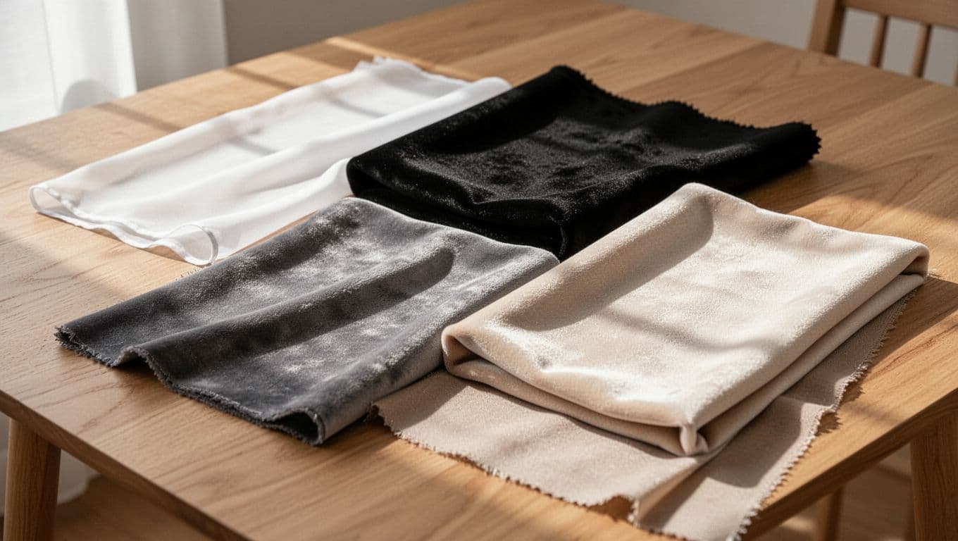 訂製窗簾加價項目表:常見4大類一次清單掌握 Realistic high-detail photograph of four different grades of custom curtain fabrics spread on a wooden table: light透 white cotton, medium gray velvet, thick black blackout, and insulated light beige, with natural daylight highlighting textures and light transmission differences.