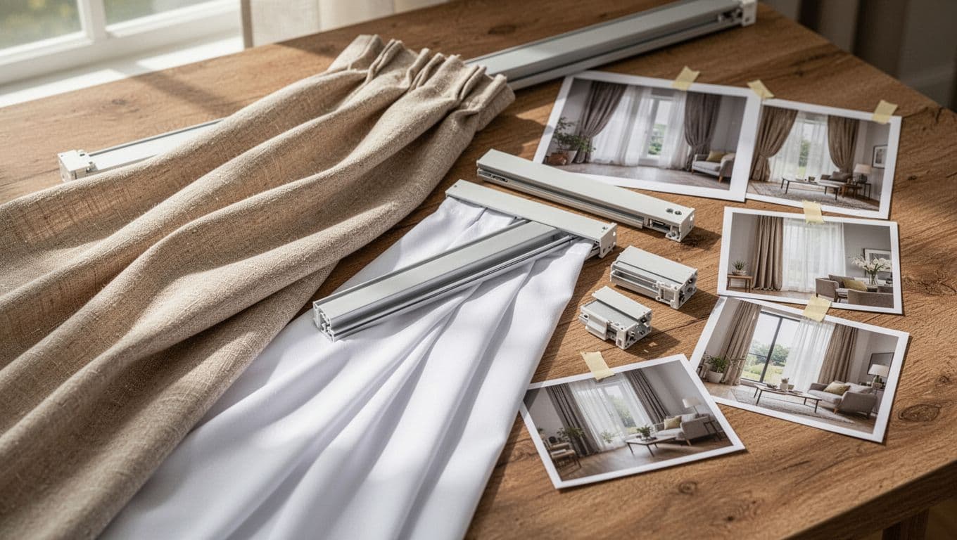 Close-up collection of three custom curtain fabric swatches—one warm beige linen-like textured and one cool white smooth—with hidden track pieces and five inspirational photos on a wooden table under natural daylight.