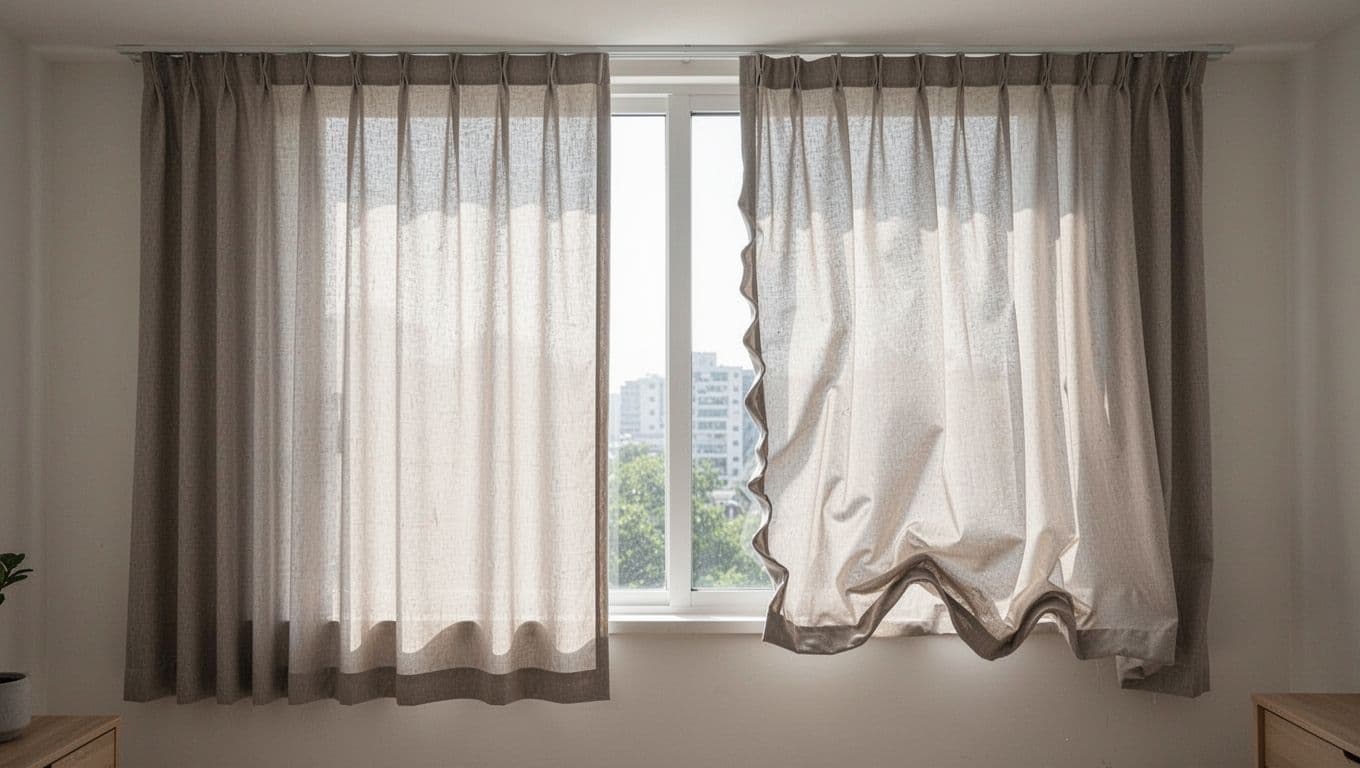 Side-by-side comparison of two identical fabric curtains on one window: one with perfectly smooth, flat edges and tight sealing, the other with wavy, uneven, curling edges. Shown in a bright minimalist living room with natural light, highlighting the impact of different finishing techniques.