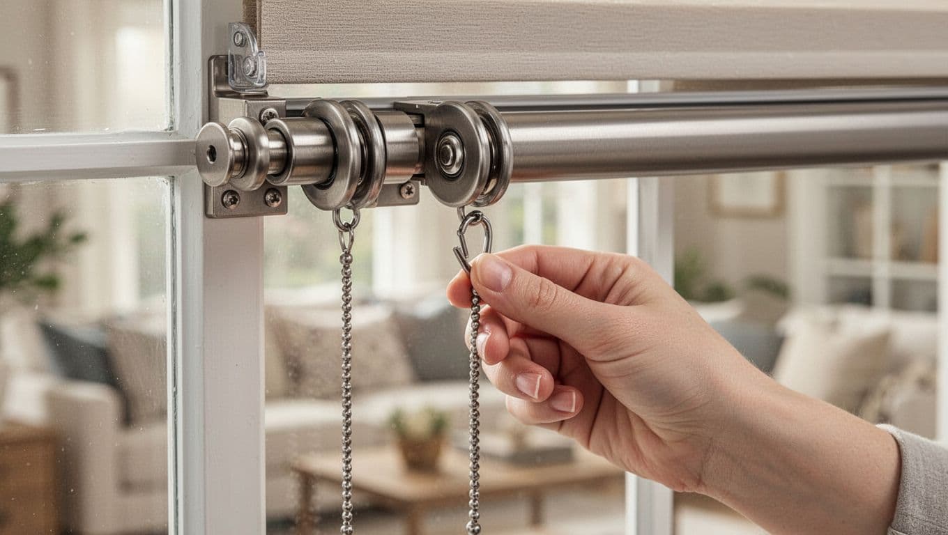 Close-up view of well-maintained custom curtain hardware on a window, featuring smooth metal tracks, pulleys, rollers, and a pull cord, with one hand lightly adjusting a roller shade hook. Blurred cozy living room background with soft light, highly detailed realistic product photography in neutral tones.