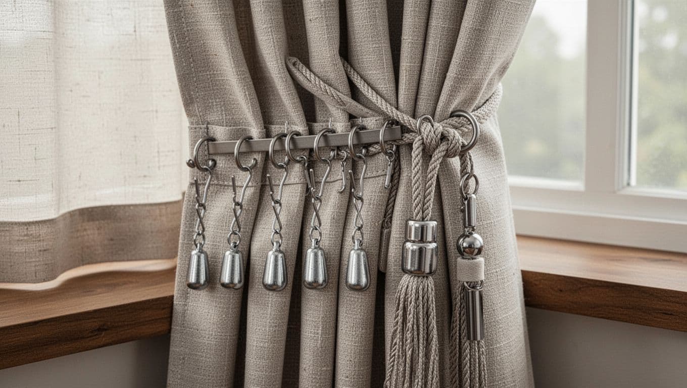 Photorealistic closeup of high-quality custom curtain hardware, featuring lead weights sewn into the bottom hem, densely spaced rust-resistant hooks for uniform wave pleats, fabric tie-backs, and child-safe breakaway cord on neutral textured fabric against a soft-lit home window.