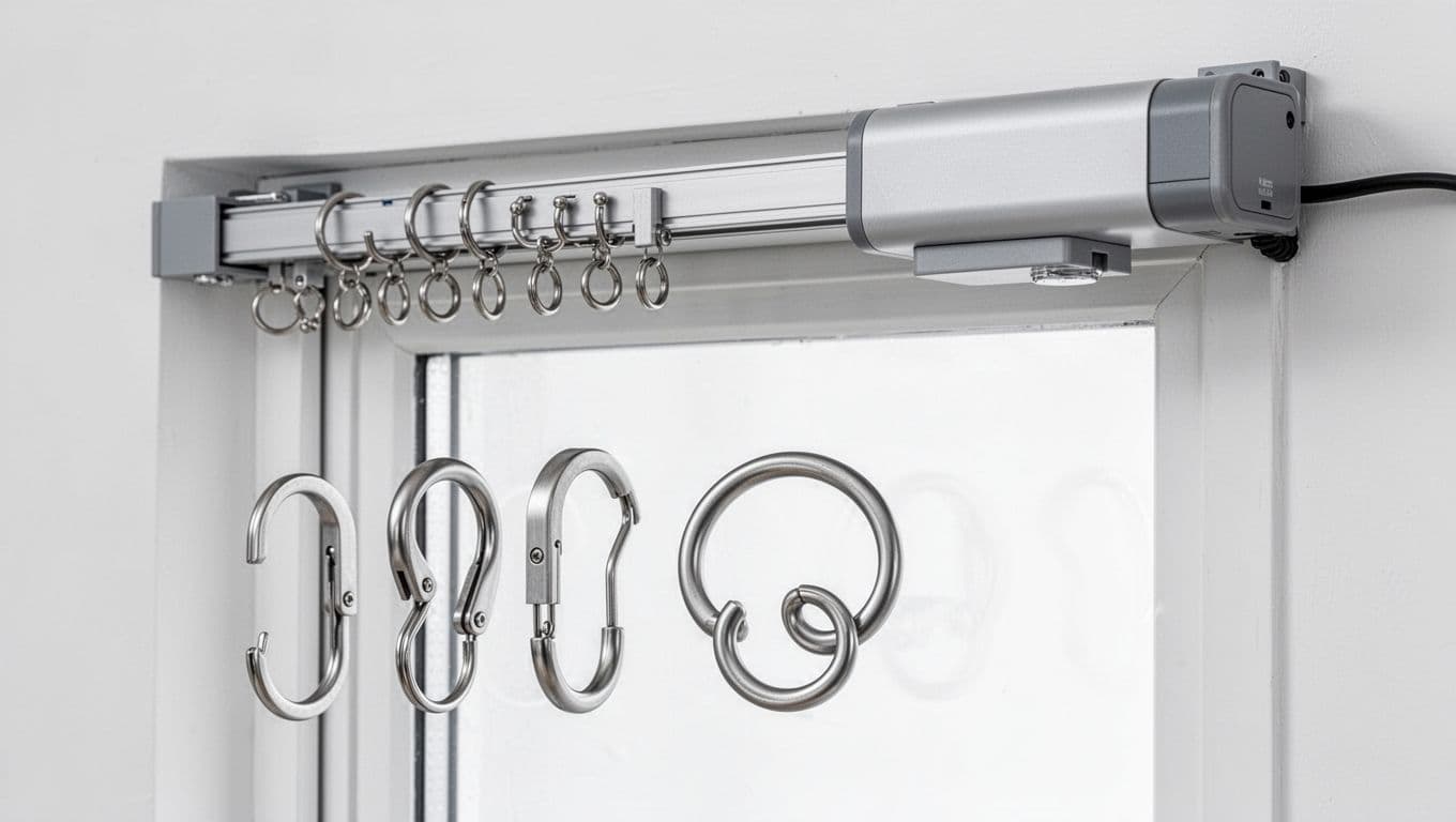 訂製窗簾合約要寫什麼?尺寸材質時間全條款,避免爭議 Photorealistic product display of curtain hooks, rings, and electric track system on a mock window frame with neutral background and high detail.