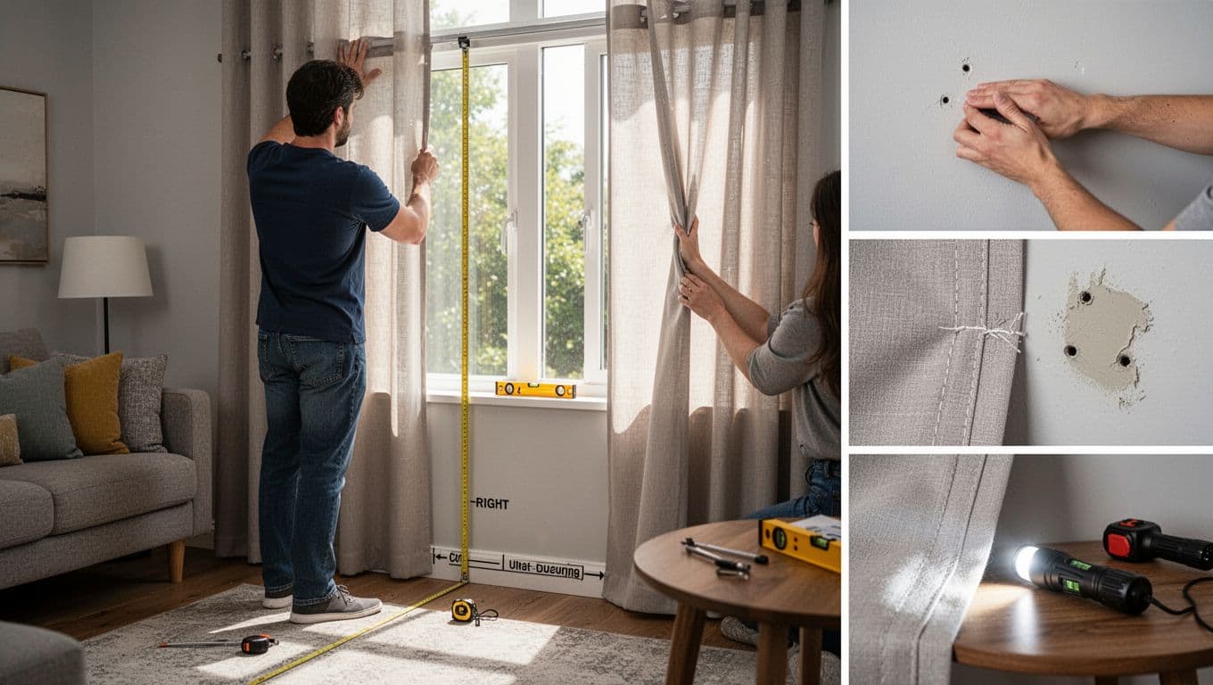Photorealistic scene of a professional from behind inspecting custom curtains in a modern living room, using tape measure for drop height, level for alignment, testing track operation, checking light blocking, and examining seams.