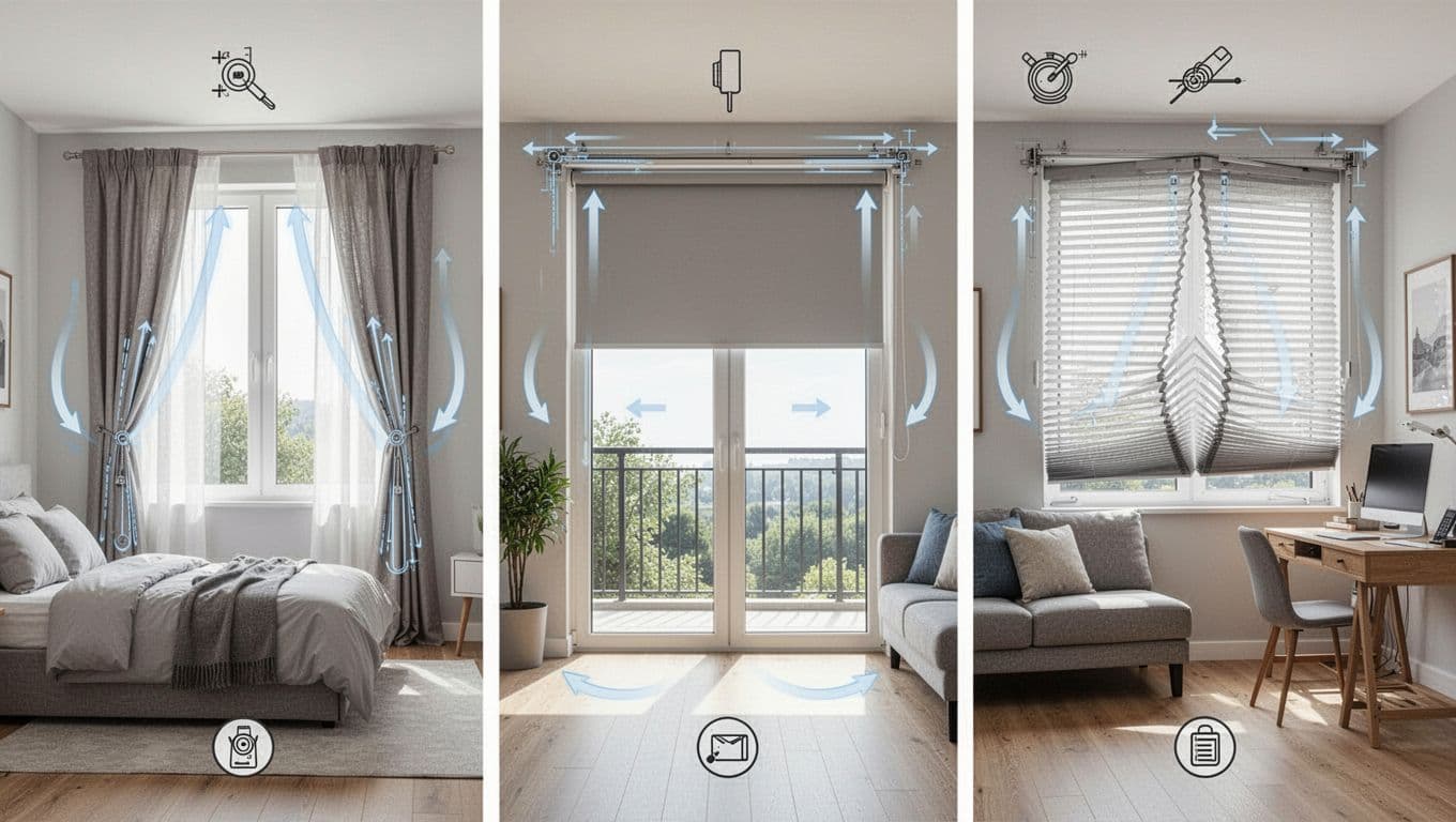 Technical diagram illustrating side-pull curtains on a bedroom window, roller shades on a balcony door, and accordion pleated blinds on a study window in modern interiors with motion arrows.