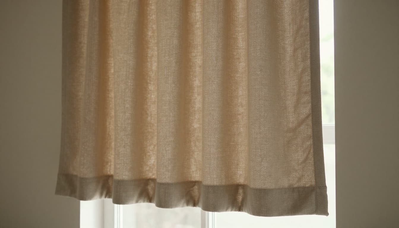 Realistic lifestyle photo of a single custom curtain panel hanging naturally by a window, displaying subtle imperfections like slight wrinkles, size variations, gloss changes, and soft imperfect drape under warm natural lighting, emphasizing fabric's natural texture.