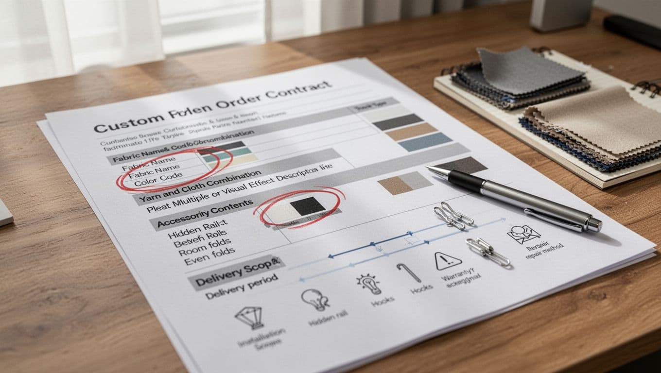 Realistic close-up of a custom curtain order contract document spread on a wooden desk in a bright design office, with highlighted sections for fabric details, installation, and warranty using icons and placeholders. A pen points to a section, with notepad and fabric sample nearby, soft natural light, high detail, no people.