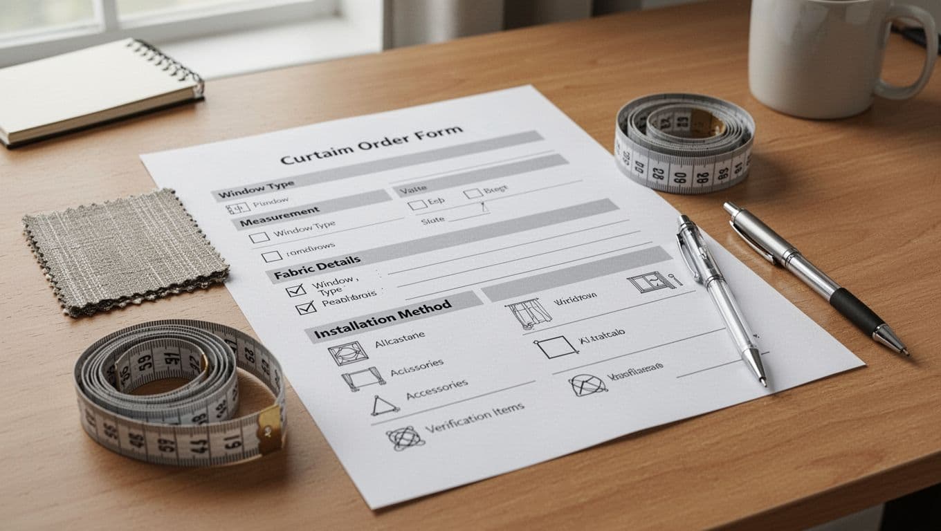 Photorealistic close-up of a detailed custom curtain order form on a clean wooden office desk with soft natural daylight, featuring placeholders for measurements, fabric details, and accessories, alongside a fabric swatch, coiled measuring tape, and ballpoint pen.