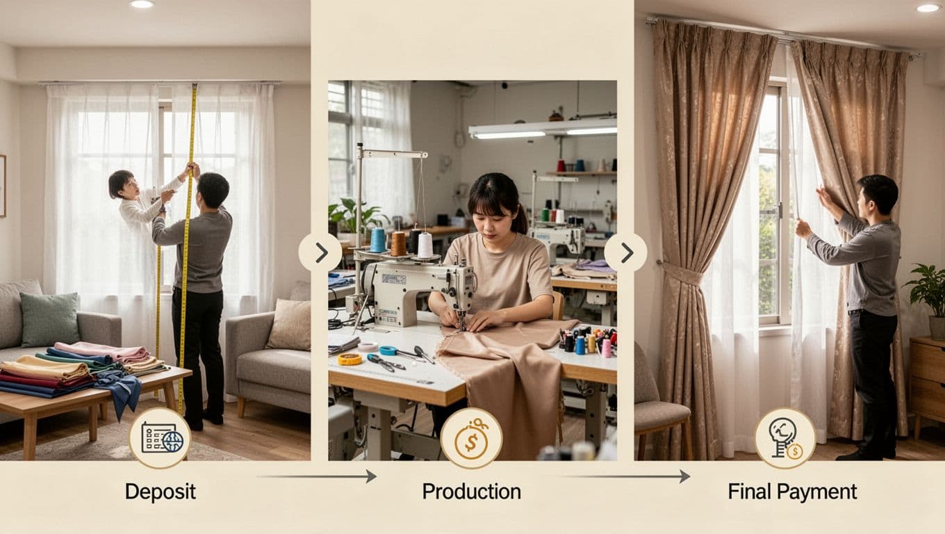訂製窗簾付款要不要分期?常見流程與判斷要點 Photorealistic illustration of the custom curtain payment process in three stages: a professional measuring a window in a modern Taiwanese living room, sewing fabrics in a workshop, and installing finished curtains, connected by timeline arrows with deposit, production, and final payment icons.