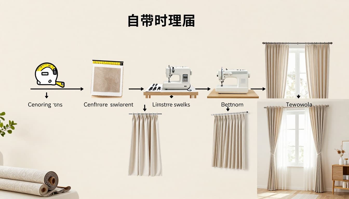 訂製窗簾付款要不要分期?常見流程與判斷要點 Photorealistic horizontal timeline illustrating six stages of custom curtain production in a modern Taiwanese workshop and home setting, using simple icons connected by arrows on a clean beige background.