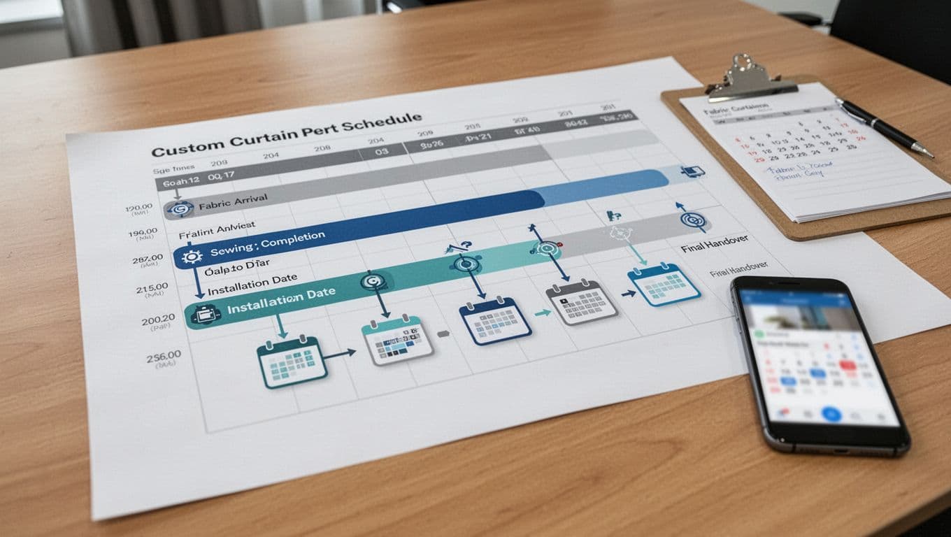 Photorealistic timeline chart for a custom curtain project schedule, printed on a large sheet on a conference table under bright office lighting, featuring horizontal bars, milestones with abstract calendar icons and arrows for fabric arrival, sewing, installation, and handover, plus a clipboard with notes and a blurred phone calendar app.